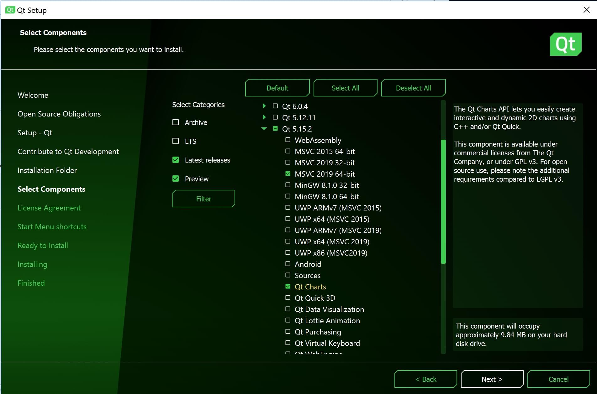 QtCreator Select Components (Windows)