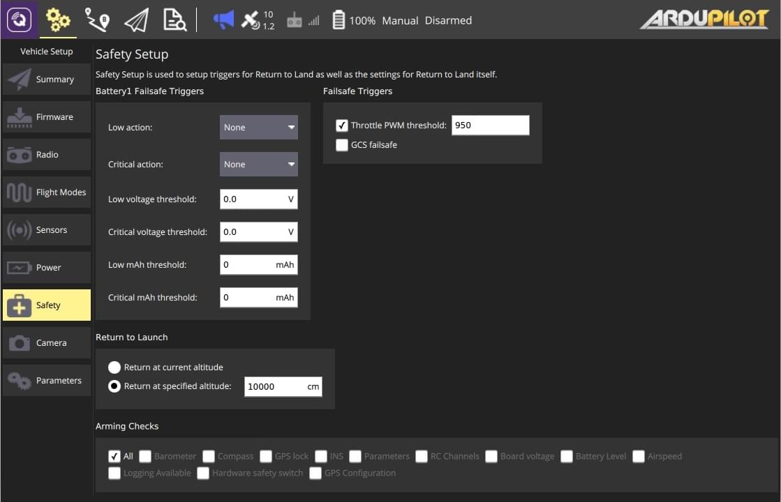 안전 설정 - 비행기(Ardupilot)