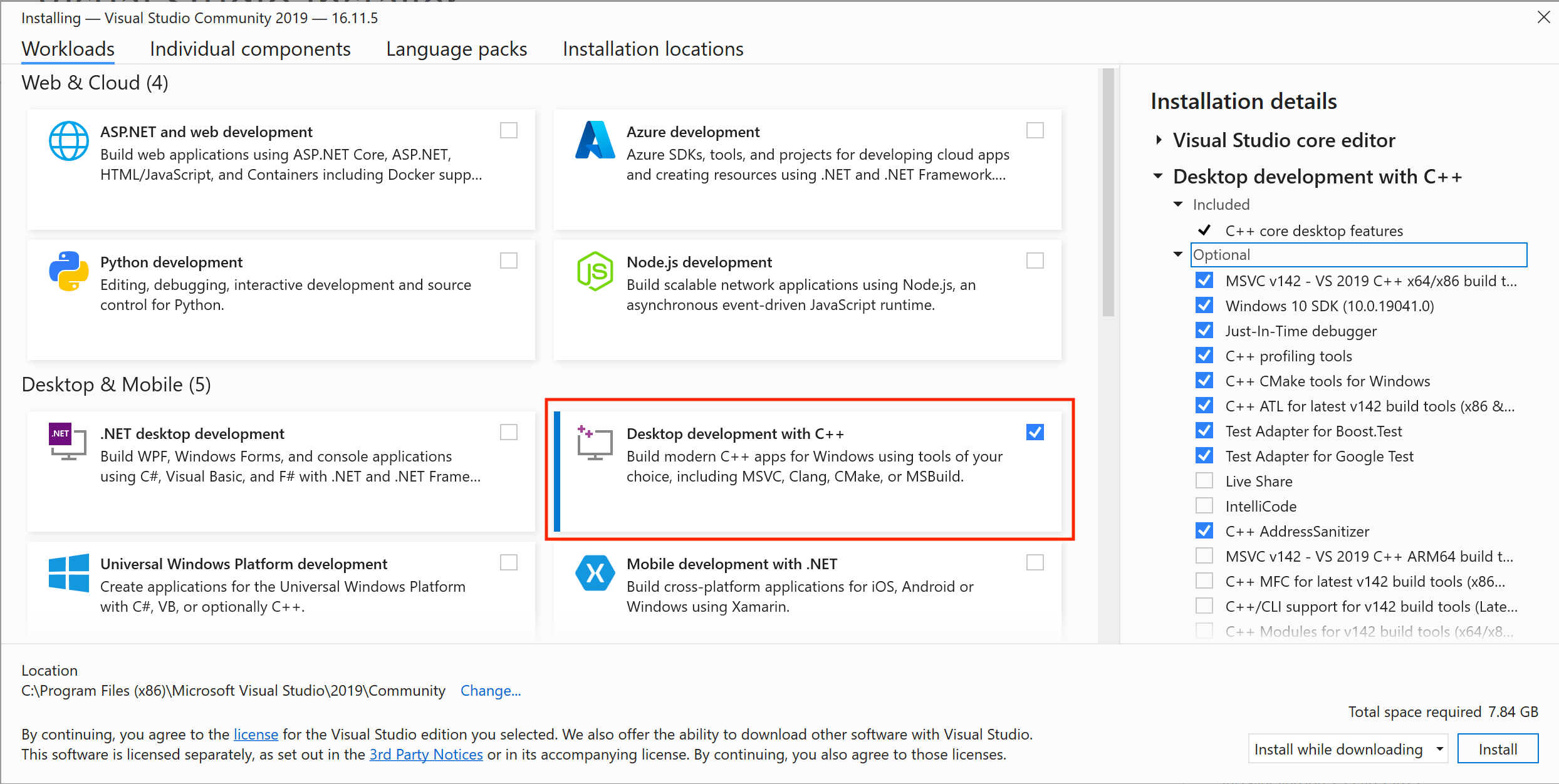 Visual Studio 2019 - Select Desktop Environment with C++