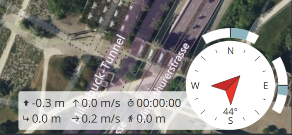 Attitude indicator showing roll right and pitch down