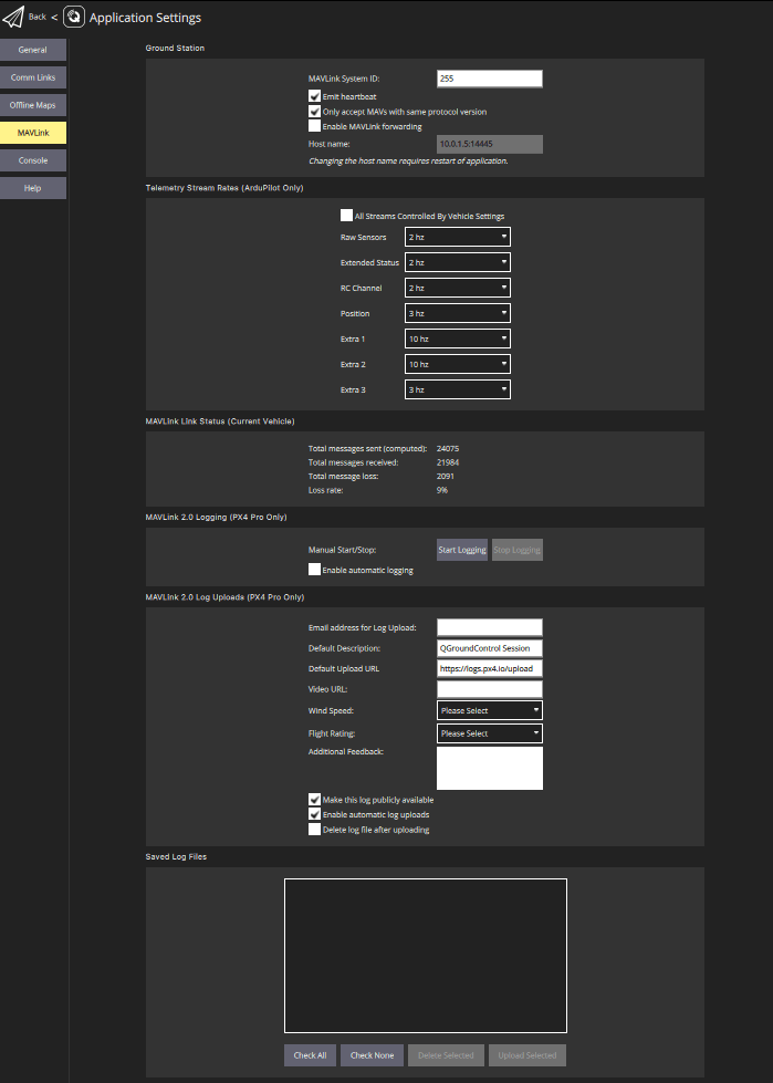 MAVLink settings screen